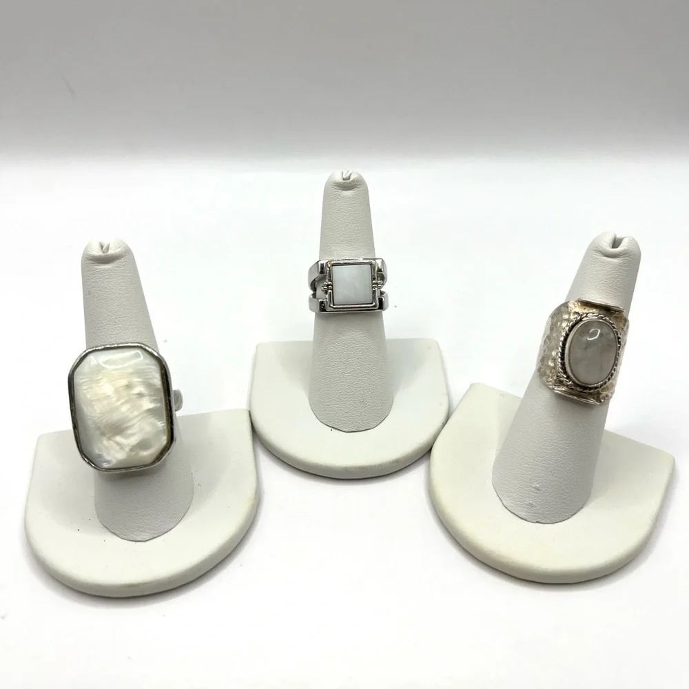 Three Silver Tone Rings with White/Opalescent Stones - Stackable Set